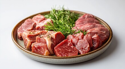 Fototapeta premium Raw meat cuts seasoned with herbs.
