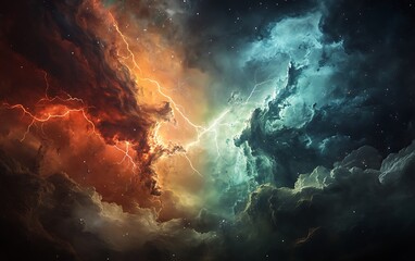 Obraz premium Vibrant celestial clouds with striking lightning reveal the universe's beauty in a contrasting celestial display