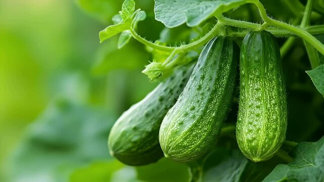 Fresh Green Cucumbers Growing on a Vine in a Garden Under Natural Light With Green Leaves Background