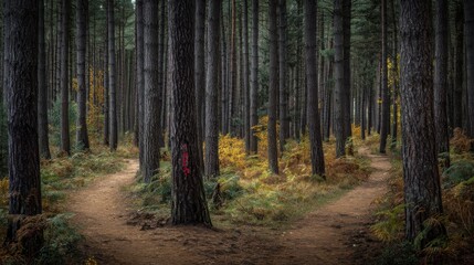 Forest paths diverging among tall trees in a peaceful autumnal woodland scene