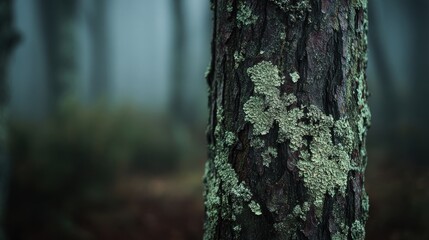Close up view of a tree trunk covered in moss in a misty forest landscape