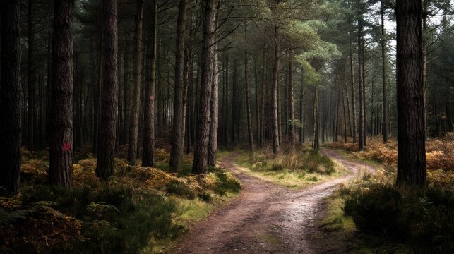 Winding forest path leads to unknown destinations through tall trees with overcast skies