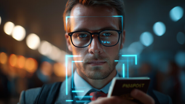 Business traveler at facial recognition checkpoint, passport in hand, glowing interface, documentary style