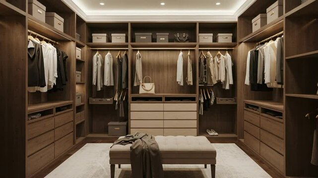Elegant walk in closet design featuring organized clothing drawers and shelves for luxurious fashion storage