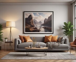 Stylish living room with eclectic framed art on wall ,  art,  home inspiration,  modern