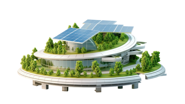 Modern Building with Sun and Solar Panels on Roof

