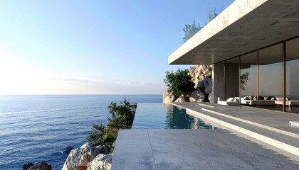 Fototapeta premium Cliffside Modern Villa Infinity Pool with Ocean View, and Sunny Day.