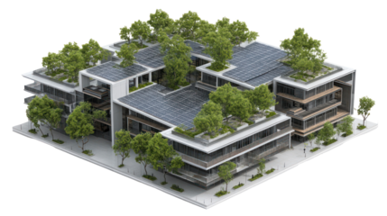 Modern Building with Sun and Solar Panels on Roof

