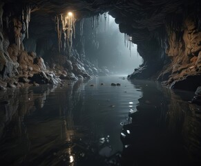 Gloomy subterranean landscape, water droplets, stalactites,  karst,  surface