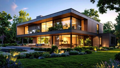 Modern Luxury GlassWalled Home with Lush Green Lawn at Sunset.