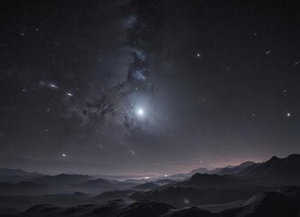 Naklejka premium Endless expanse of black, countless stars glimmering faintly, distant nebulae , texture, design, astrophotography