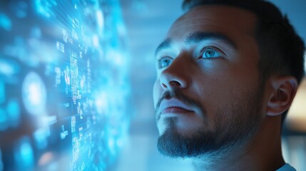 Visionary startup founder analyzing financial projections on futuristic holographic display with glowing blue digital charts predicting exponential growth, innovative business technology