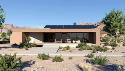 Fototapeta premium Desert Modern Oasis Sustainable Home in Arid Landscape.