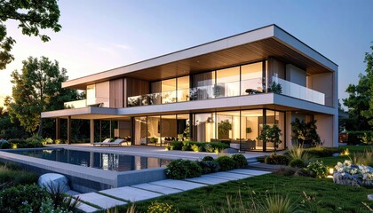 Modern Dream Luxury Home with Pool at Sunset.