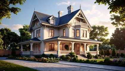 Victorian Dream Elegant Home Bathed in Golden Sunlight.