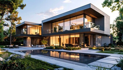 Fototapeta premium Modern Luxury Architectural Home with Pool Reflecting Tranquil Elegance.