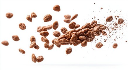 Obraz premium Chocolate cereal pieces exploding in midair against a white background. Delicious and crunchy.