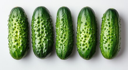 Five vibrant green cucumbers arranged in a row against a stark white background.