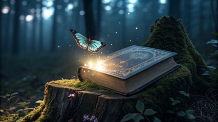 "An enchanted leather-bound book glowing softly, with a luminous butterfly resting on it, set on a moss-covered forest stump under moonlight, photorealistic style."


