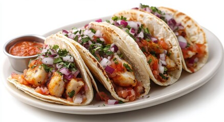 Delicious fish tacos with vibrant toppings.