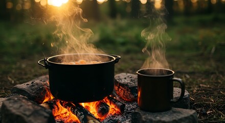 Campfire Cooking: Steaming Pot and Mug at Sunset