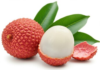 A close up view of lychee fruits with green leaves on a plain background shot