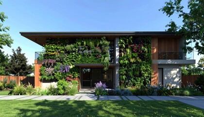 Obraz premium Lush Living Wall Modern Home with Green Faade, and Sustainable Design.
