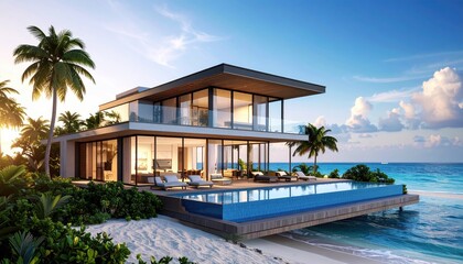 Fototapeta premium Oceanfront Luxury Villa Infinity Pool Sunset in Paradise.