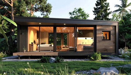 Modern prefab house nestled in lush green nature dream home.