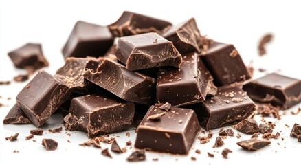 A delectable pile of dark chocolate chunks, scattered with shavings, creates a rich and tempting image. The deep brown hues and glossy texture invite indulgence.