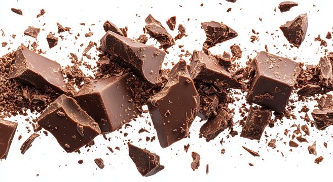 Delicious dark chocolate chunks explode in mid-air, a symphony of rich brown hues against a stark white background. The image evokes a sense of indulgence and excitement.