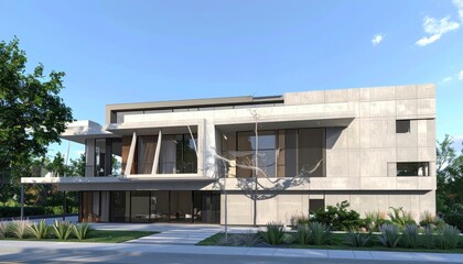 Fototapeta premium Modern Concrete Home Architecture with Design, Luxury Residence, and and Blue Skies.