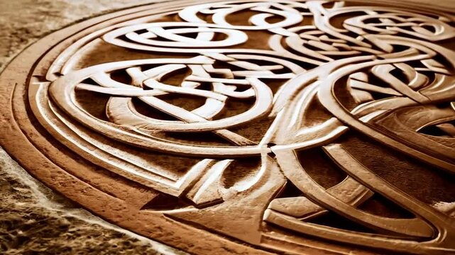 Stone carving with celtic knot pattern, circular design element on rough textured rock surface, detail of ancient art style, golden metal