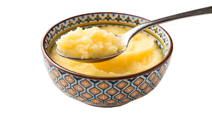 Ghee. Clarified Butter in a Ceramic Bowl. PNG.