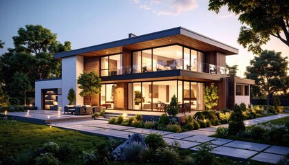Fototapeta premium Modern Luxury Dream home exterior with evening glow, and backyard oasis lifestyle.