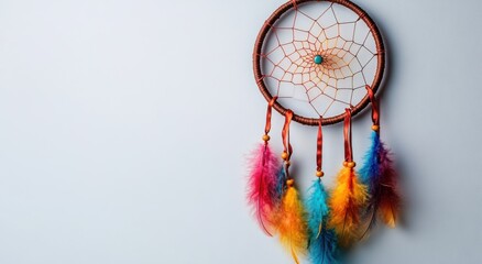 Colorful dream catcher with vibrant feathers hanging against a white background. A symbol of good dreams and protection.