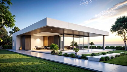 Modern Home Oasis Coastal View with Clean Lines, and Serene Sunset.