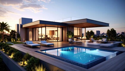 Fototapeta premium Modern Villa Oasis Rooftop Pool Cityscape Sunset Glow.