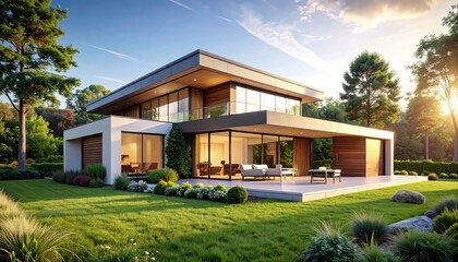 Fototapeta premium Modern Home at Sunset Luxury Living with Architectural Design, and Serene Backyard.