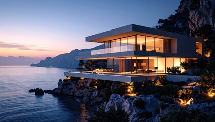 Fototapeta premium Cliffside Dream Modern Villa Overlooking the Mediterranean at Dusk.