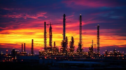 Fototapeta premium Vibrant Sunset Over Industrial Oil Refinery with Silhouetted Towers