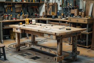 ultra HD image of Wooden workshop table used for various carpentry and DIY projects