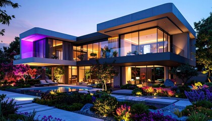 Fototapeta premium Modern Luxury Home with Pool at Dusk Architectural Beauty.