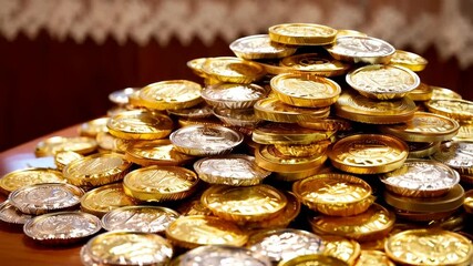Pile of chocolate coins in gold and silver foil wrappers stacked on table, creating a glittering treasure trove of confections. - Powered by Adobe