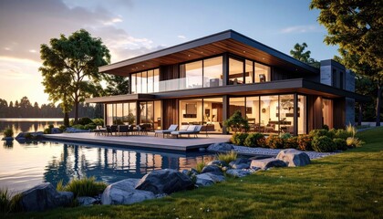 Obraz premium Lakeside Luxury Modern Home Reflects Tranquil Waters at Sunset.