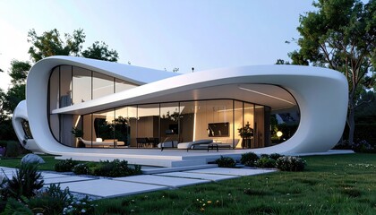 Futuristic Villa Modern curved architecture with minimalist design, and green setting.