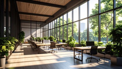 Fototapeta premium Green Office Sunlight Streams in Modern Workspace with Nature Views.