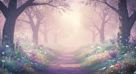 Keuken achterwand Bosweg Enchanting forest path with wildflowers and mist, creating a whimsical scene  © Artshyafa