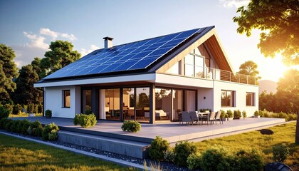 Obraz premium EcoFriendly Home Solar Panels Modern Design Under Sunny Skies.