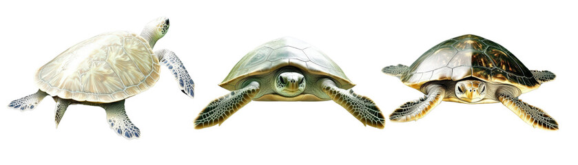 Long perspective of three different sea turtles swimming close to the ocean surface displaying unique patterns and distinct head and flipper features